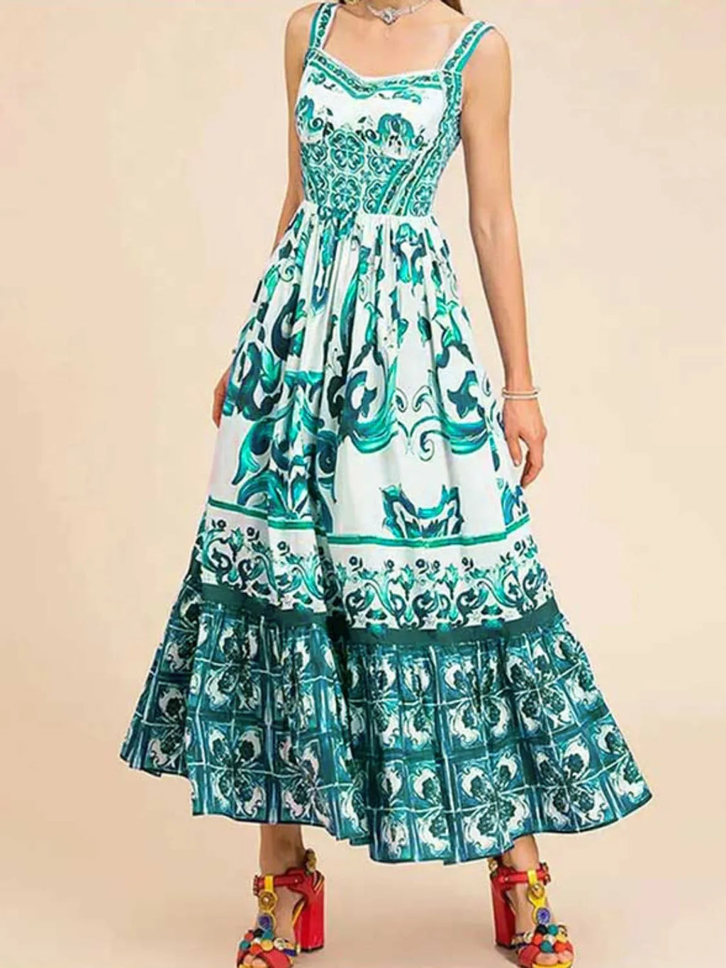 Midi Dress Smocked Printed Wide Strap Ruffled Zipper Green e4e0a23c-8234-4f39-a590-a1ab82b1a6ab-Max-Origin Trendsi