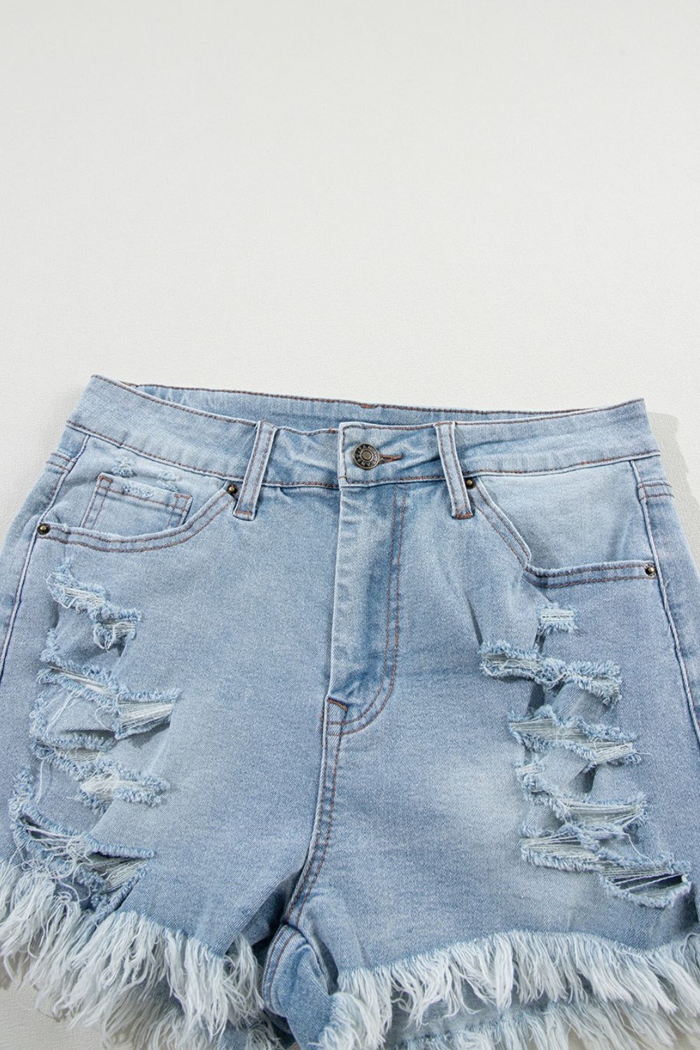 Denim Shorts Distressed Raw Hem High Waist e4e30535-2440-4011-91b7-c5f96d386519-Max Trendsi