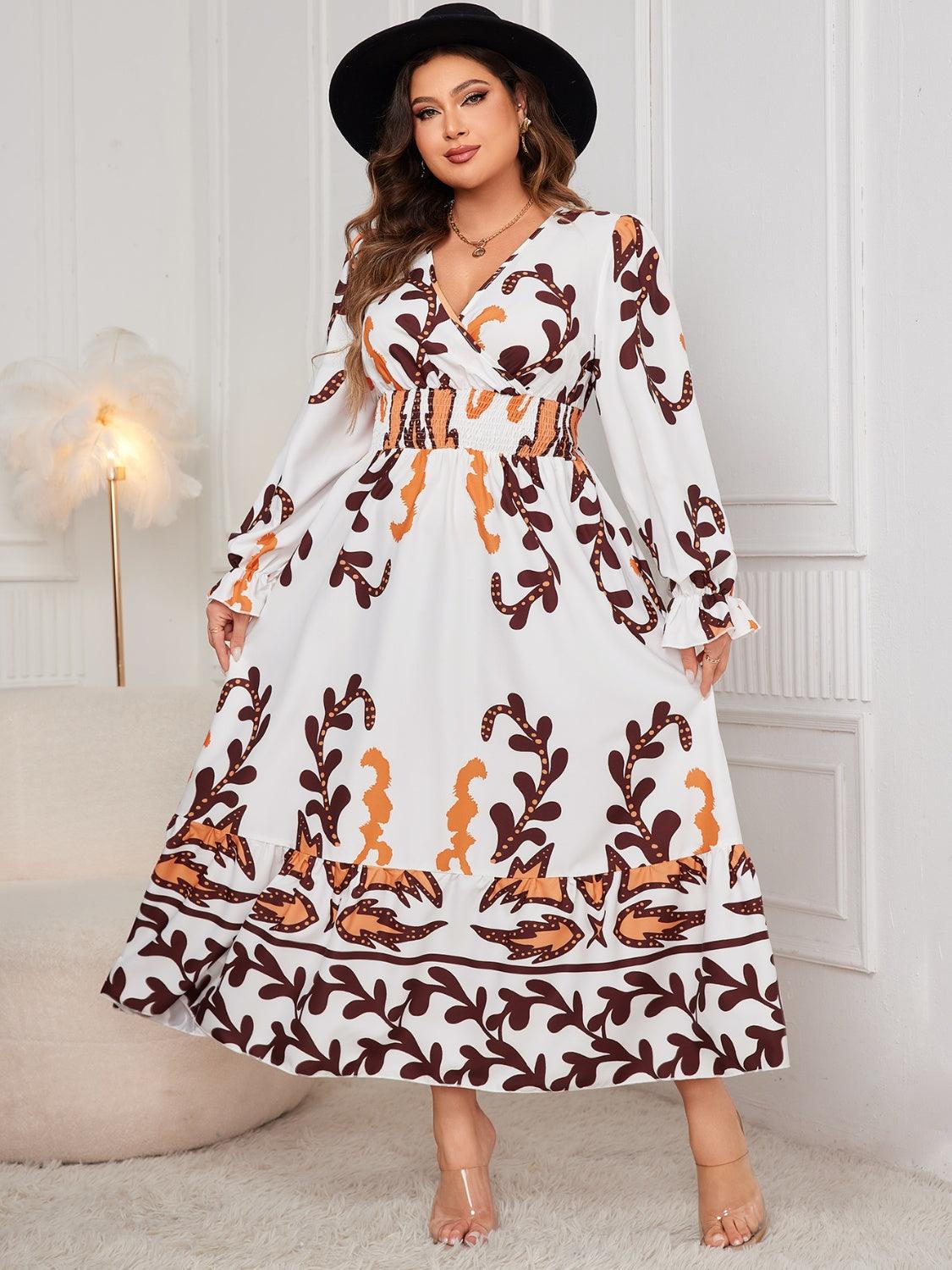 Plus Size Dress Printed Surplice Flounce Long Sleeve V Neck e4e5ab1f-ebca-4f1e-bab7-6664611009d7-Max Trendsi