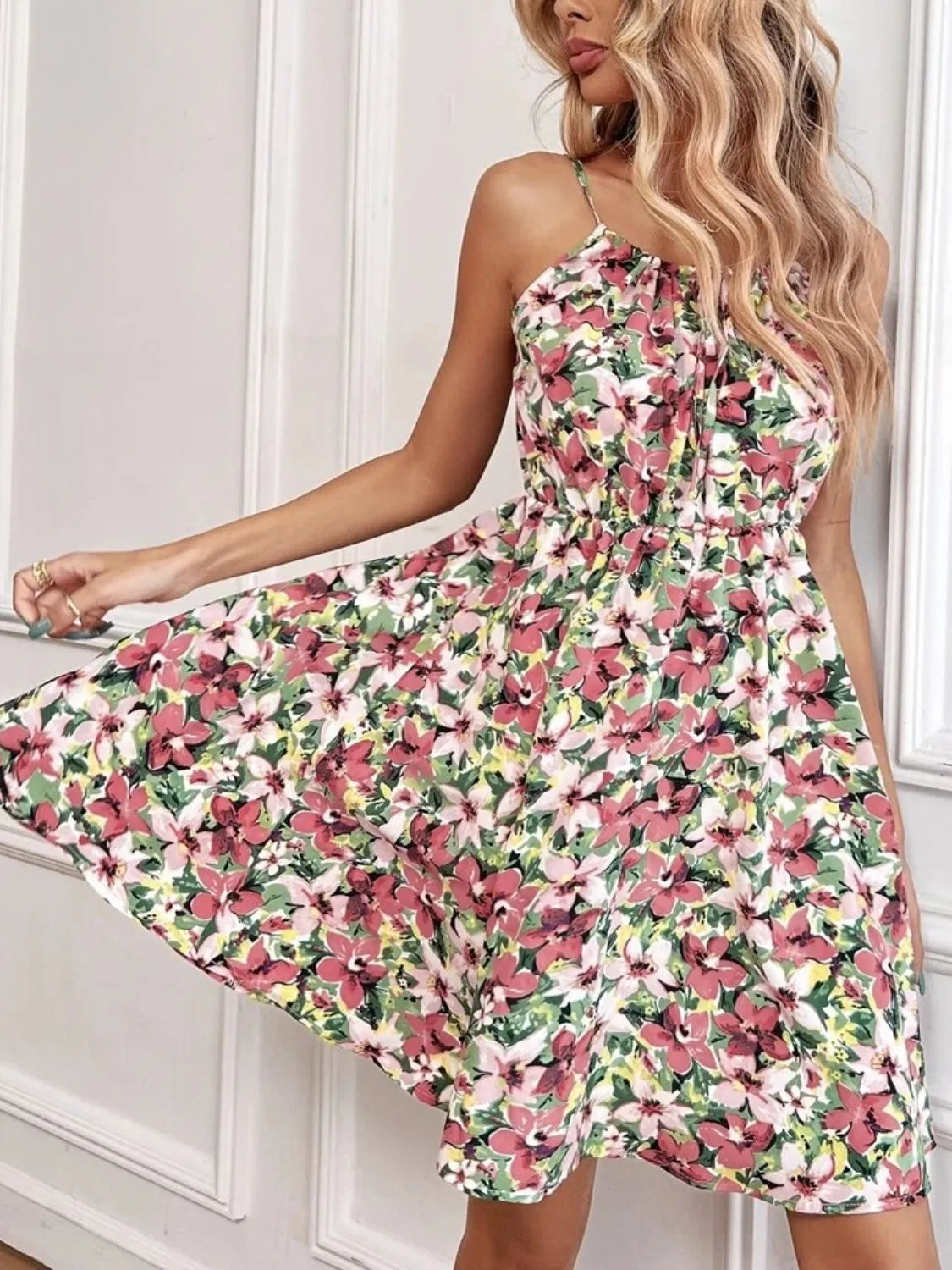 Floral Print Mini Dress Spaghetti Strap Summer Tied Neck Ruffled e4e65a52-7a91-4bad-be94-b54020c4698f-Max-Origin Trendsi