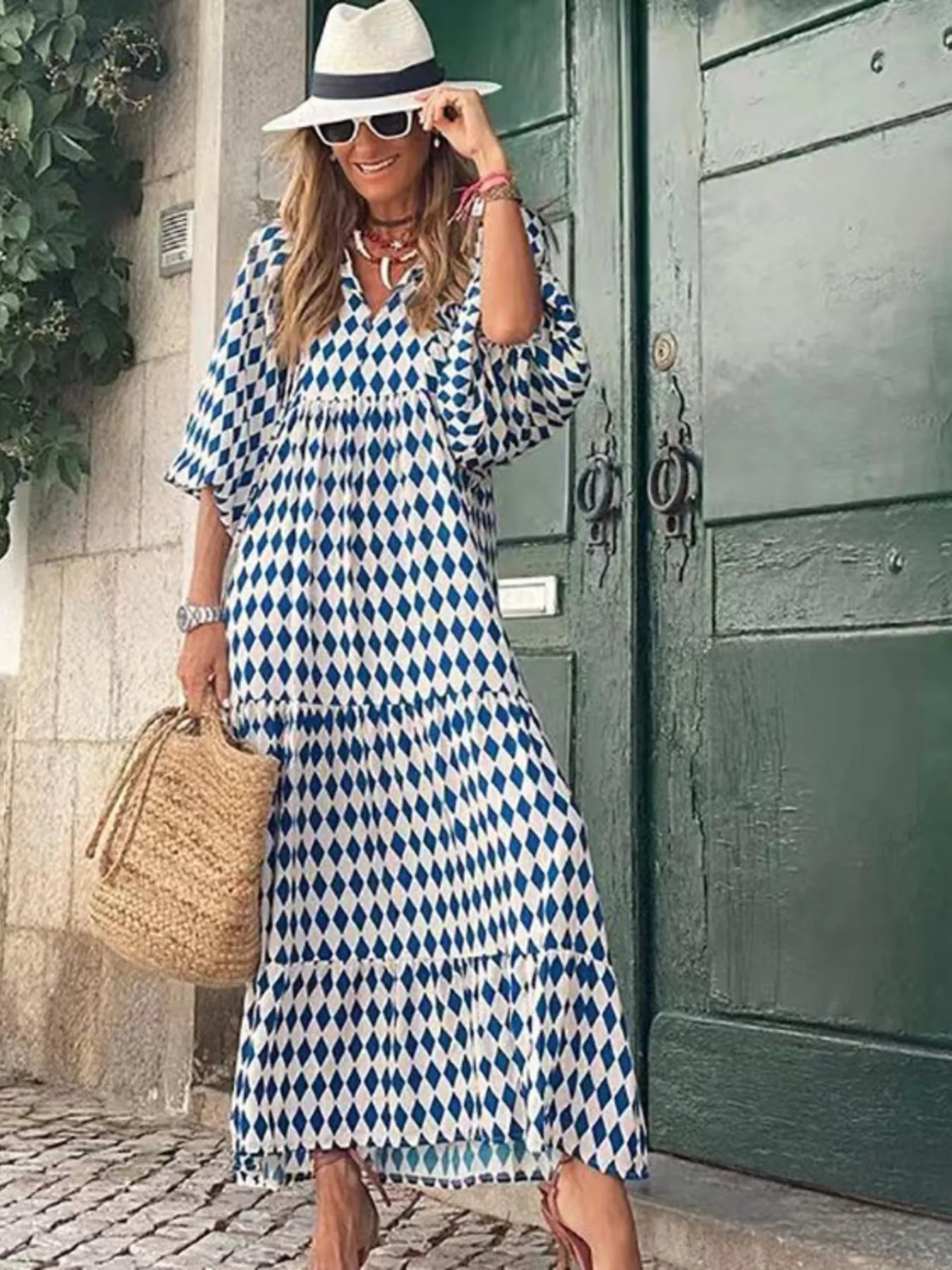 Maxi Dresses Colorful Printed V-Neck Balloon Short Sleeve Ruffled Oversized e4eb6698f97e4b5e809390165c240cac-Max-Origin Trendsi