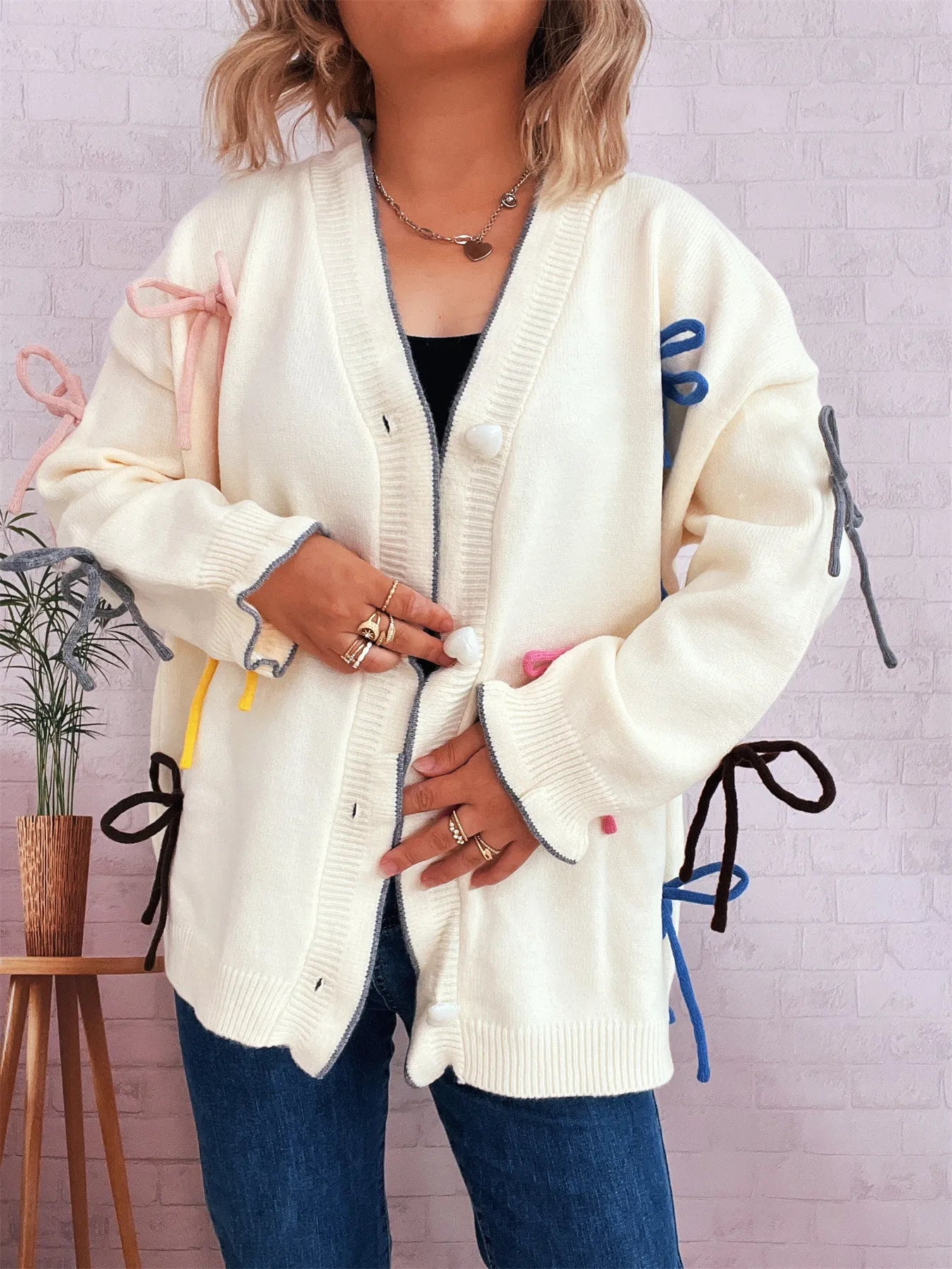 Women's Cardigan White Bow Tie Button Up Knit Long Sleeve One Size e4eddd150e5445428c3a7f4c2030b277-Max-Origin Trendsi