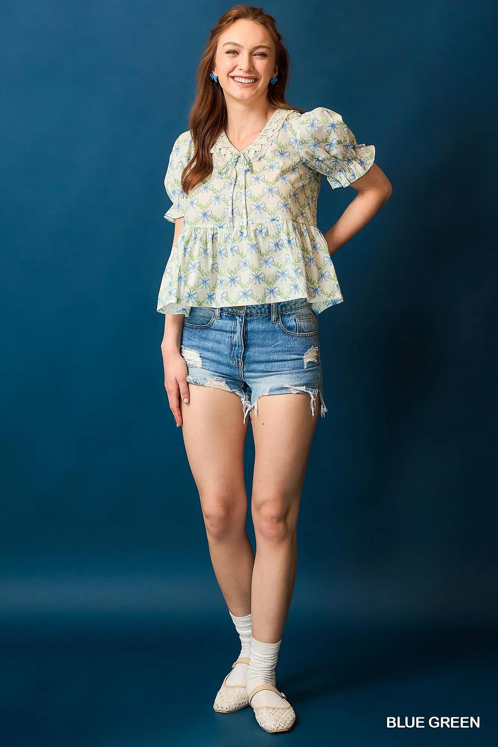 Umgee Blouse Bow Blue Floral Print Lace Detail Flounce Short Sleeve Top e4f41072-dac1-40d6-a76d-ade8874e5797-Max-Origin Trendsi