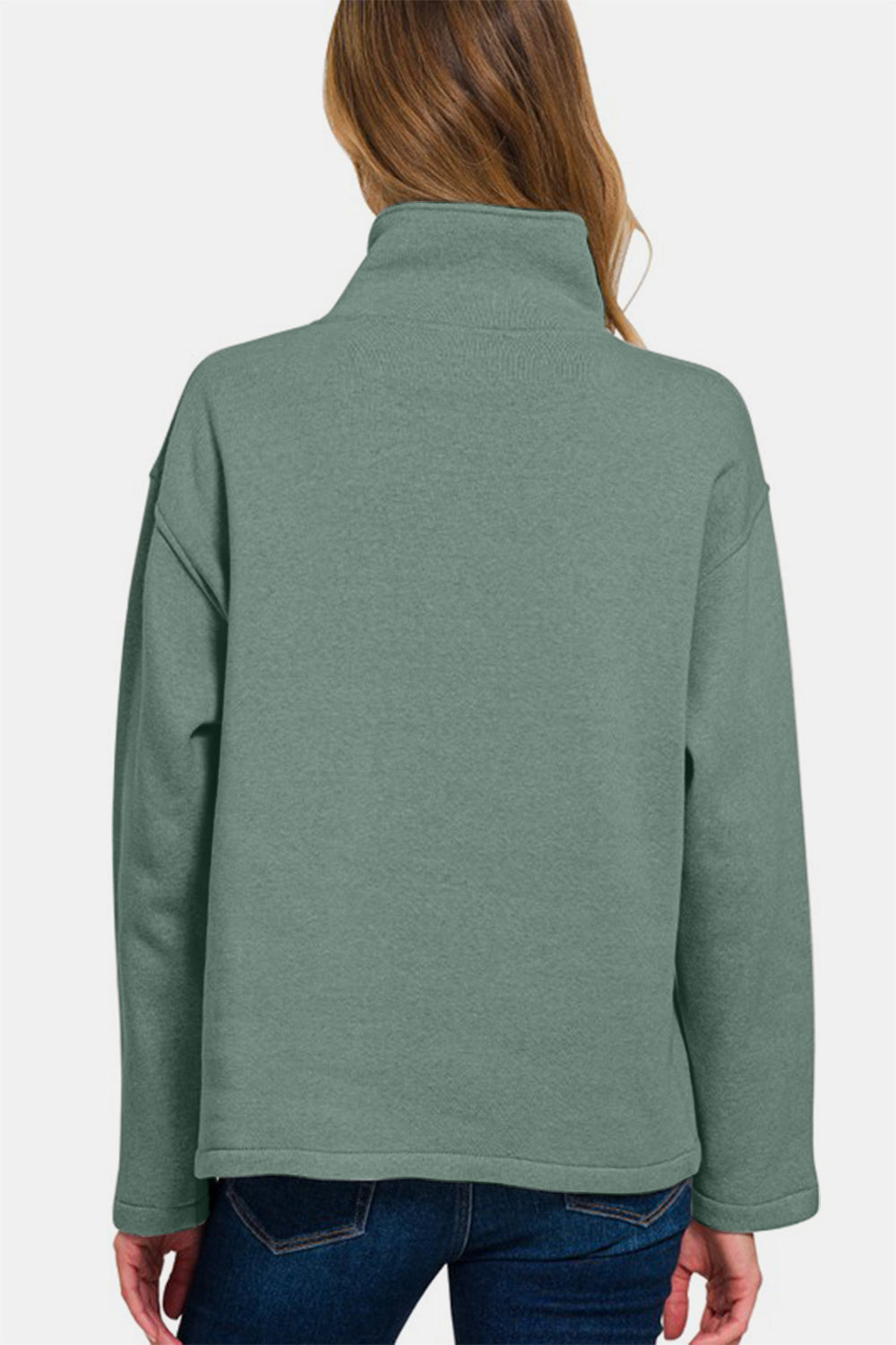 Zenana Sweatshirt Turtleneck Half Snap Fleece Long Sleeve Cotton Ash Jade