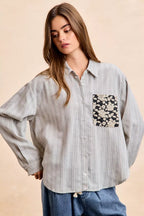 BiBi Womens Gray Stripe Shirt Black Flower Jacquard Knit Patch Pocket Top e4f7068e7ffd4282bd6aace83b50e6f1-Max-Origin Trendsi