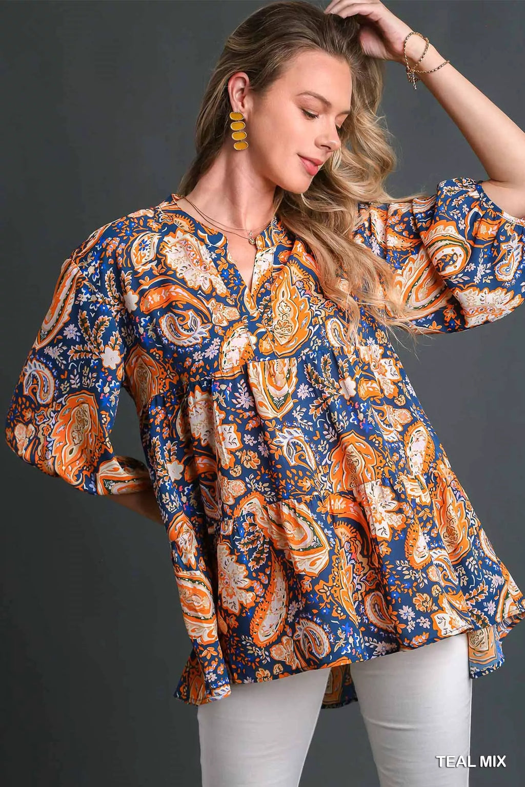 Umgee Women's Tunic Blouse Mix Paisley Boho 3/4 Sleeve Top TEAL MIX e4f9a48f-4797-4c8f-9b87-b650275c93ec-Max-Origin Trendsi