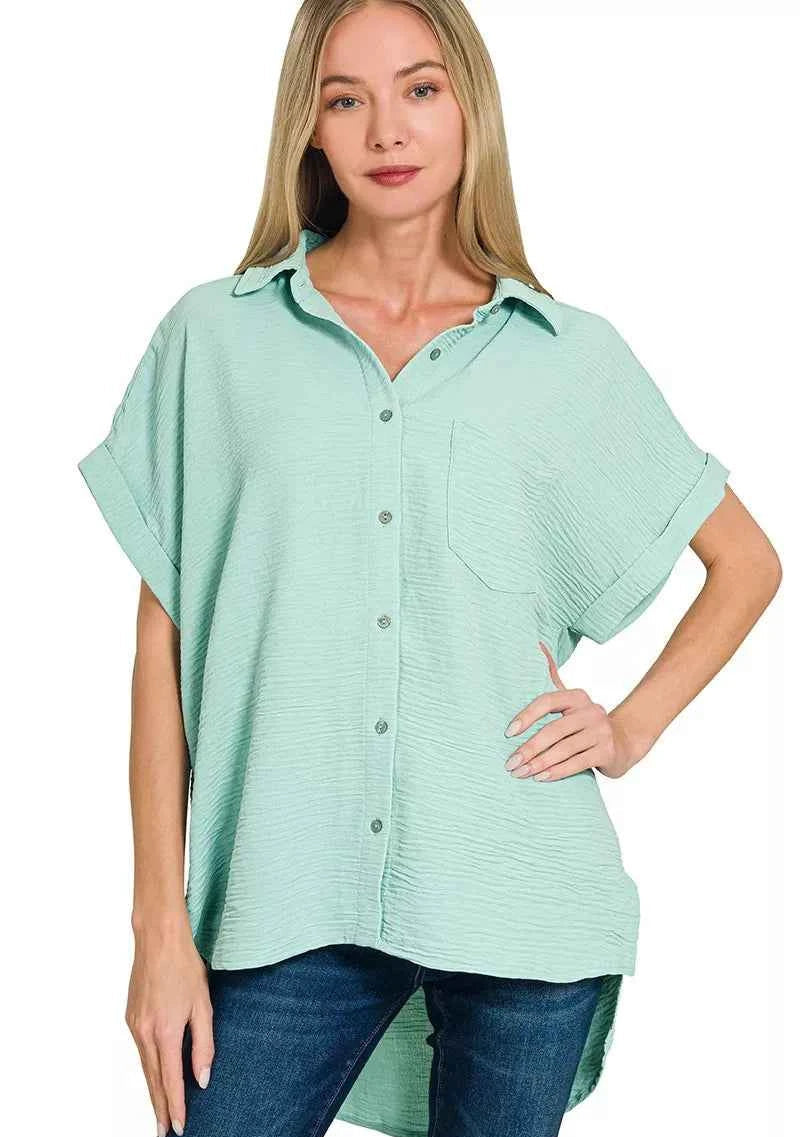 Zenana Woven Airflow Button Down Shirt