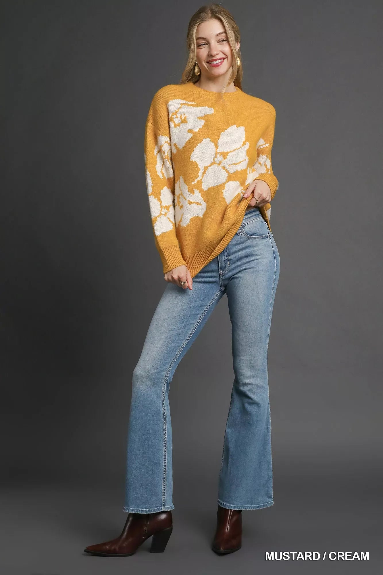 Umgee Women's Sweater Floral Mustard Long Sleeve Round Neck Pullover