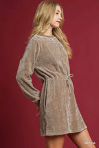 Umgee Mini Dress Velour Mocha Drawstring with Long Sleeves e505bc9b-0fcb-4ad1-90ff-093a0b78a2e3-Max-Origin Trendsi