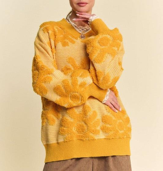 Davi & Dani Gold Flower Texture Sweater Round Neck Long Sleeve Pullover Gold