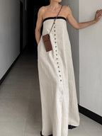 Contrast Trim Button-Front Tube Maxi Dress
