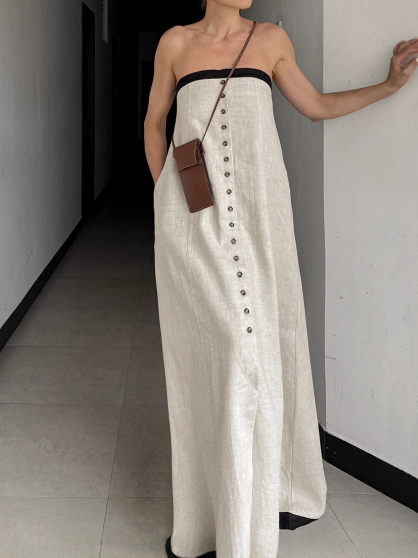 Contrast Trim Button-Front Tube Maxi Dress