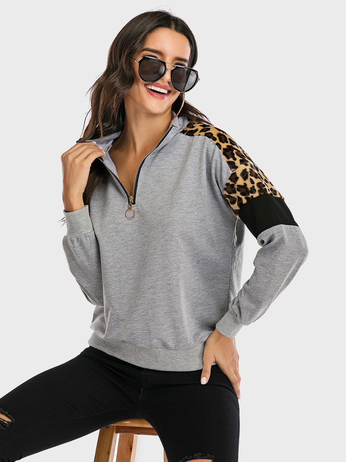 Perfee Sweatshirt Contrast Leopard Half Zip Long Sleeve Tops e522271b-a7f9-4f4f-91c3-d3b8f47703d7-Max Trendsi