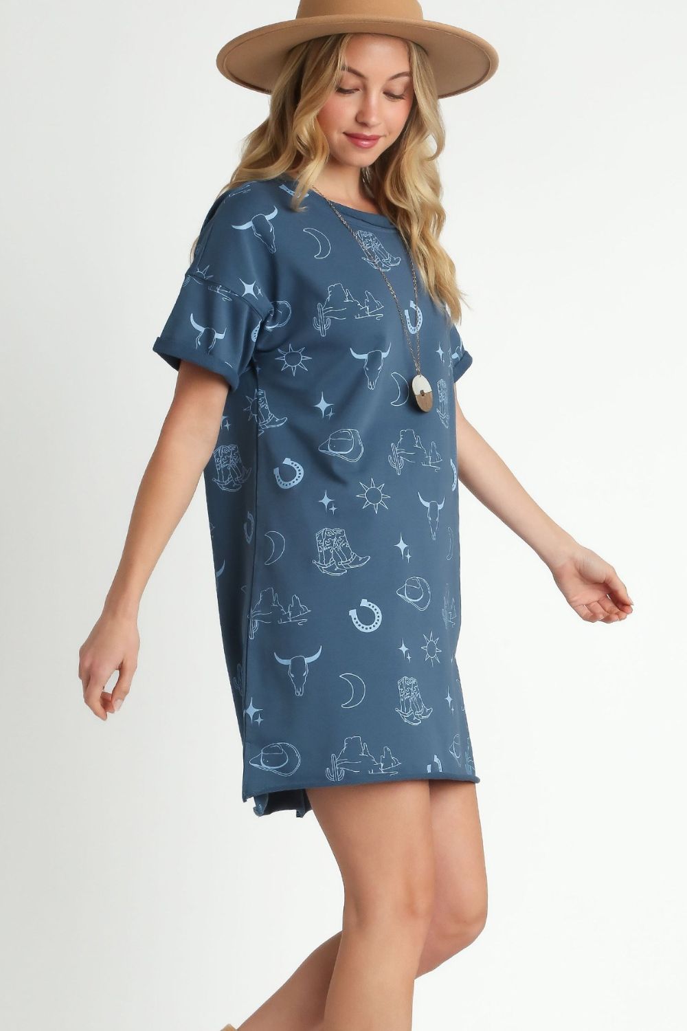 Umgee Mini Dress French Terry Short Sleeve Blue Printed S-2XL e5225cda-4165-4756-abd7-4710a066cd20-Max Trendsi