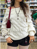Women's Sweater Off-Shoulder Cable Knit Long Sleeve Pullover White e5281a7cb41e4072966c496eb5e72686-Max-Origin Trendsi