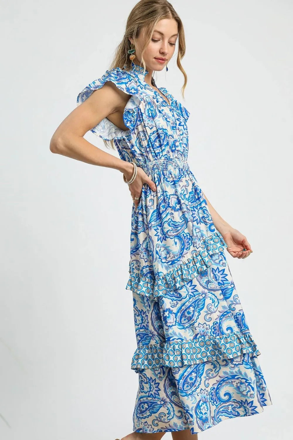 Umgee Midi Dress Royal Blue Paisley Print Ruffle Sleeve Smocked e532d0c6-d5ff-4957-814b-8850e49de0c9-Max-Origin Trendsi