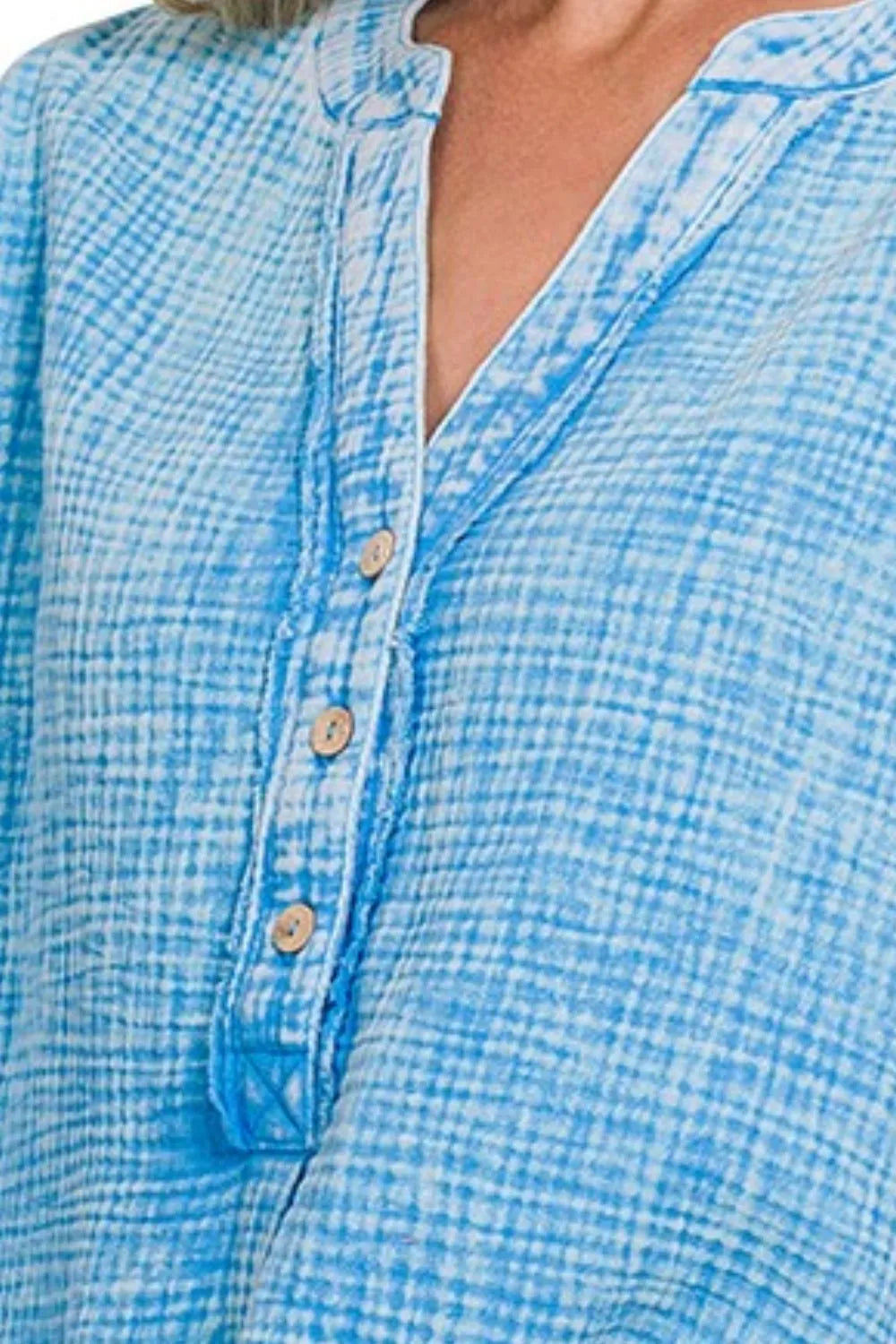 Zenana T-shirt Deep Sky Washed Double Gauze 3/4 Button Henley Neck Shirt Top e5332db0-c4e8-4a7e-9778-bbf4f47135d0-Max-Origin Trendsi