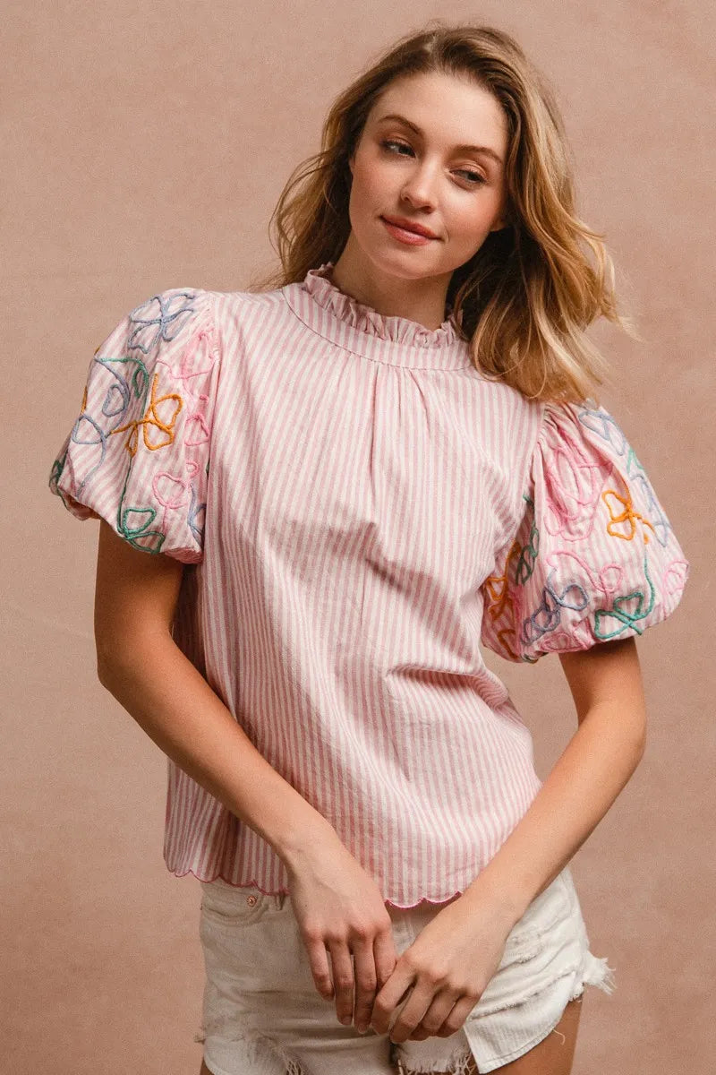 BiBi Blouse Pink Striped Embroidery Bubble Sleeve With Bottom Scallop Detail