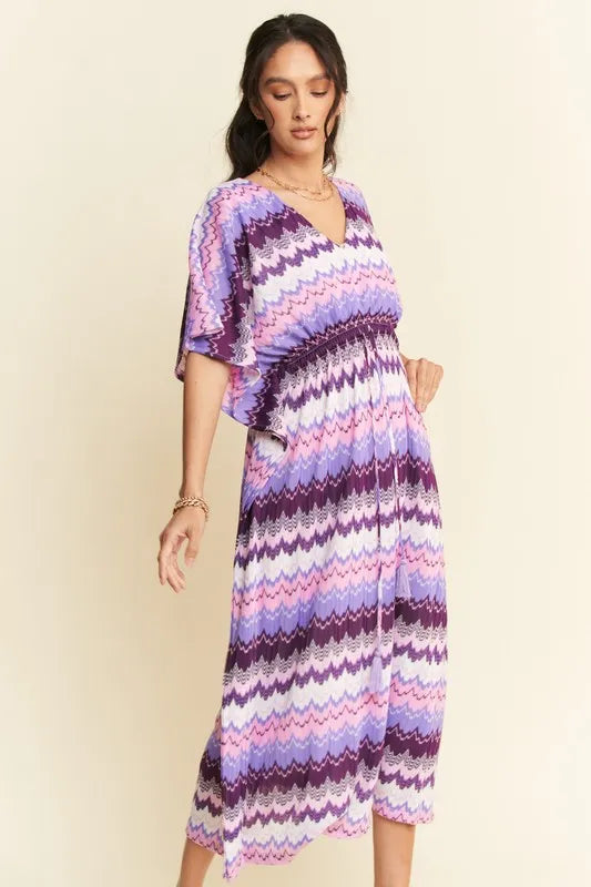 Davi & Dani Midi Dress Lilac Multi Color Wavy Tie Waist Flowy Sleeve e5362e2ddb38473fa7cae320d739e947-Max-Origin Trendsi