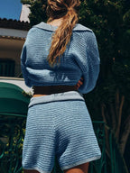 Sweater Set Women's Collared Neck Contrast Striped Top and Shorts 2 Pcs e53a246f-9a47-4e63-933a-e5ac033bf94c-Max-Origin Trendsi