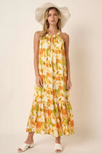 Mittoshop Maxi Satin Dress Floral Orange Watercolor Print Halter Neck ORANGE e53ca0862fad4a2eba0a86031a41ea87-Max-Origin Trendsi