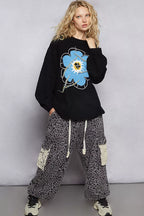 POL Black Sweater Floral Pattern Round Neck with Exposed Stitching Pullover e53e4230-ce0b-454a-b128-c05099696edf-Max-Origin Trendsi