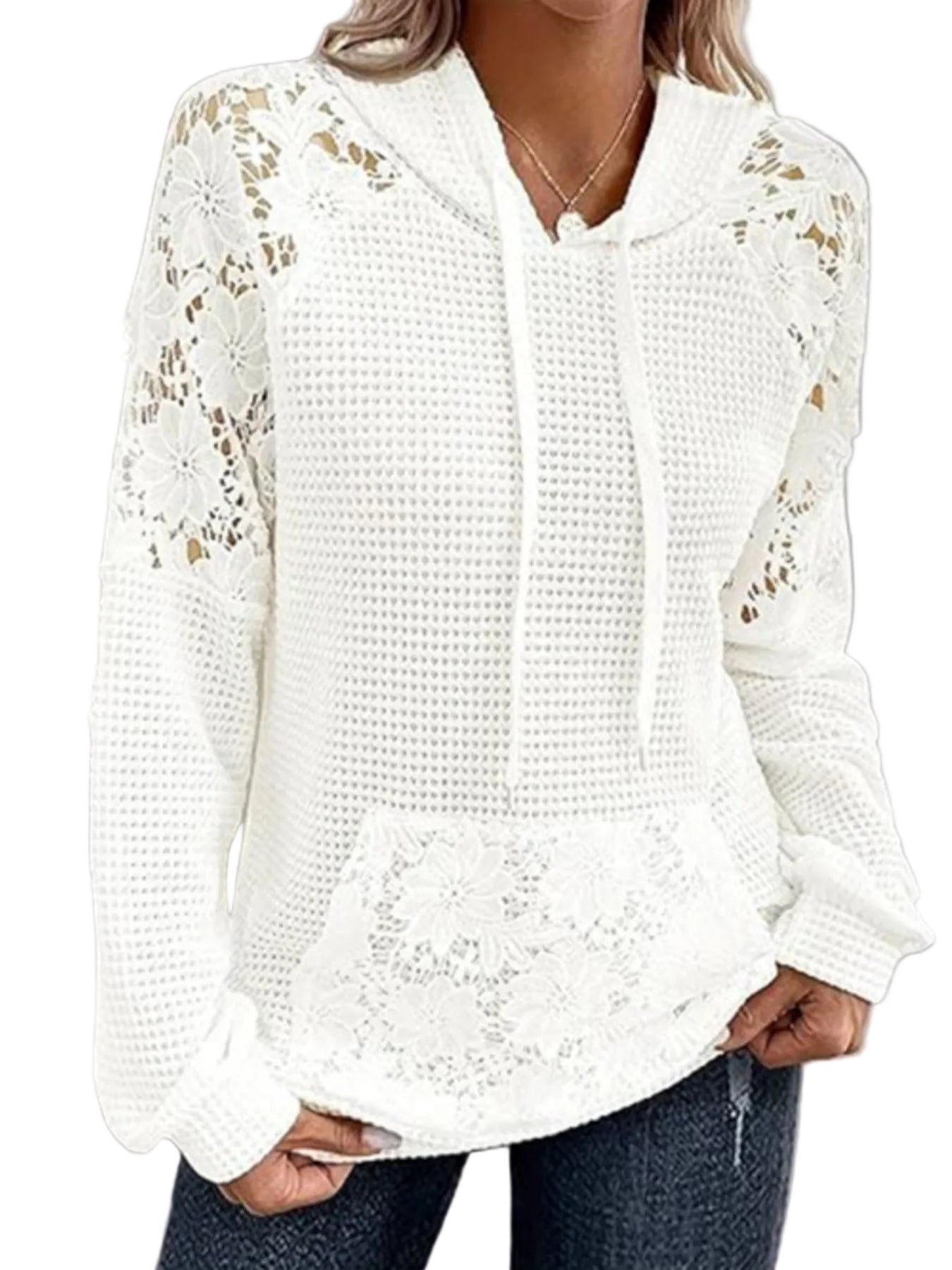 Full Size Lace Trim Waffle Knit Hoodie Plus Size