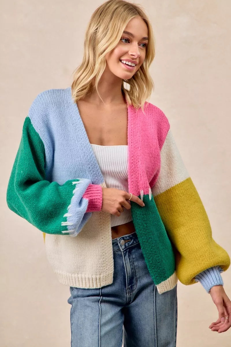 BiBi Womens Cardigan Colorful Stripe Color Block Open Front Sweater e5482cf3b8a947ac810cb6de3028121d-Max-Origin Trendsi