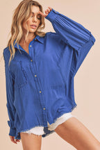Aemi+Co Shirt women's Raw Edge Exposed Seam Long Sleeve Cotton Royal Blue Royal Blue e54b2656-8f05-4991-b7da-b020bb037a38-Max Trendsi