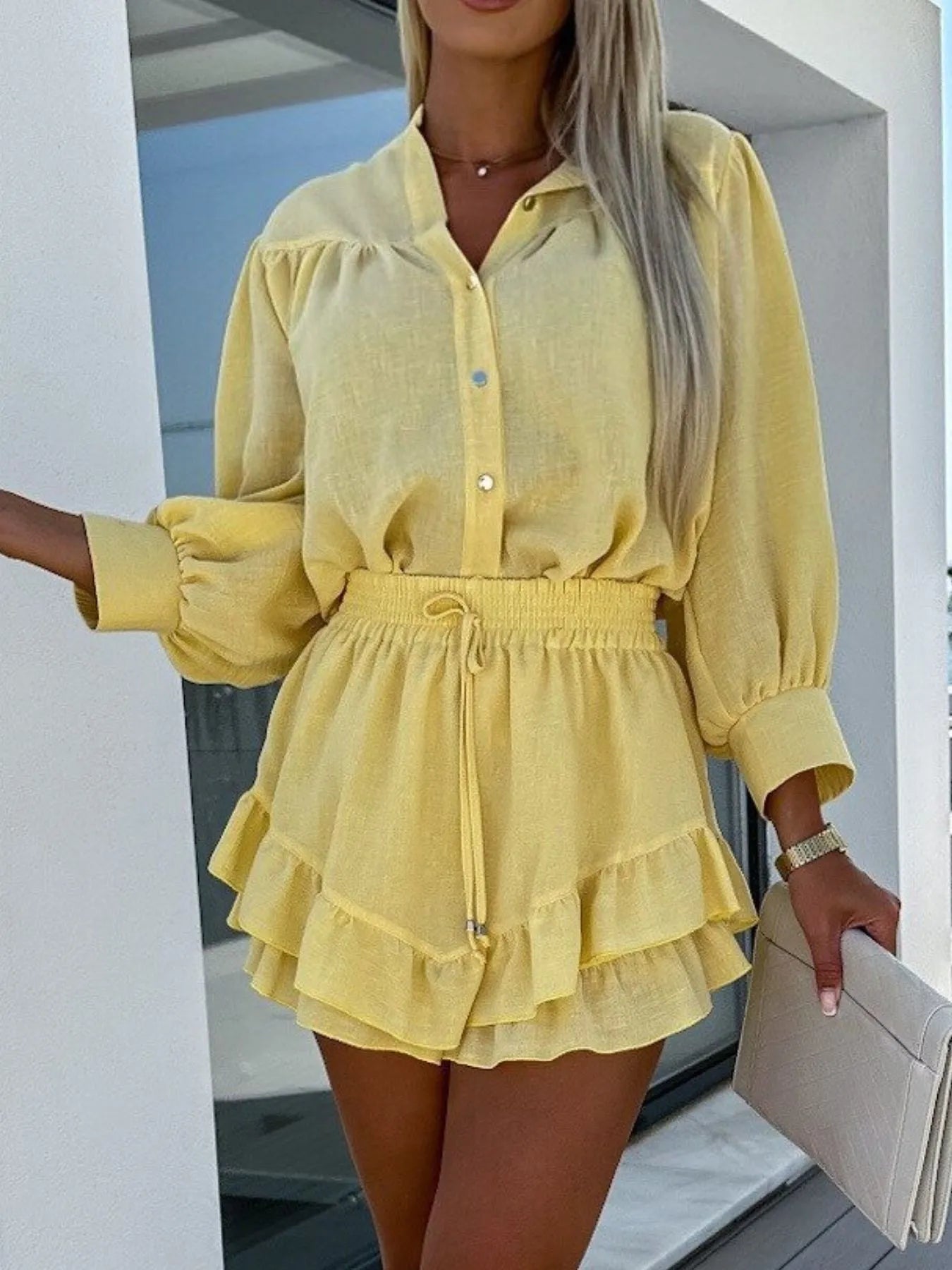 Women's Outfit Set Shirt Button Up Long Sleeve Top and Ruffled Skirt Lightweight e553cecf-691e-49fb-8edc-62c759c2fac3-Max-Origin Trendsi