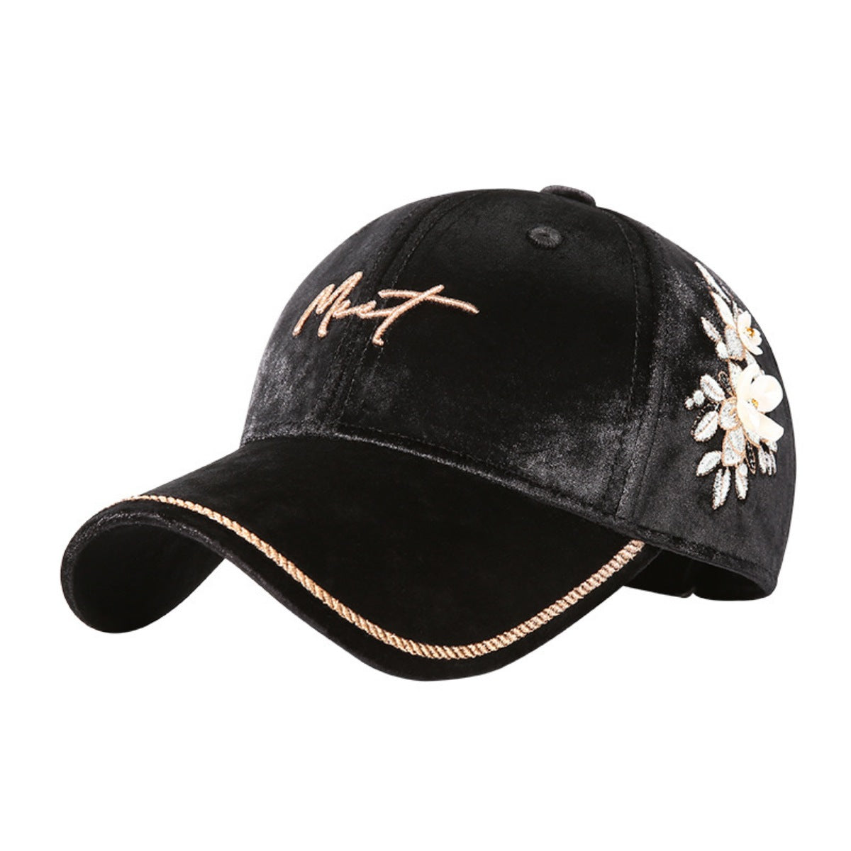 Velvet Baseball Cap with Floral Embellishments