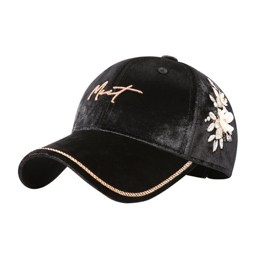 Velvet Baseball Cap with Floral Embellishments