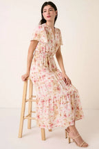 Mittoshop Maxi Dress Pink Floral Flower Print Flutter Sleeve V Slit Smocked PINK e55b5acff22e4c6bb3411cd01f175c47-Max-Origin Trendsi