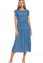 Zenana Midi Dress Woven Smocked Dusty Blue Ruffle Short Sleeve DUSTY BLUE e5619476d41a43eb988842aa4a70cb22-Max-Origin Trendsi