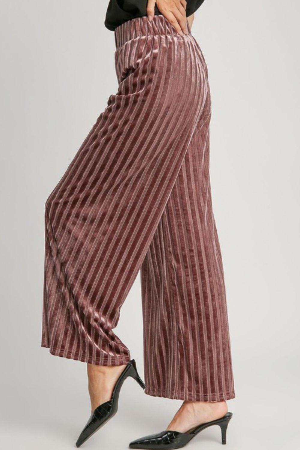 Umgee USA Women Velvet Metallic Pants Elastic Waist Striped Wide Leg