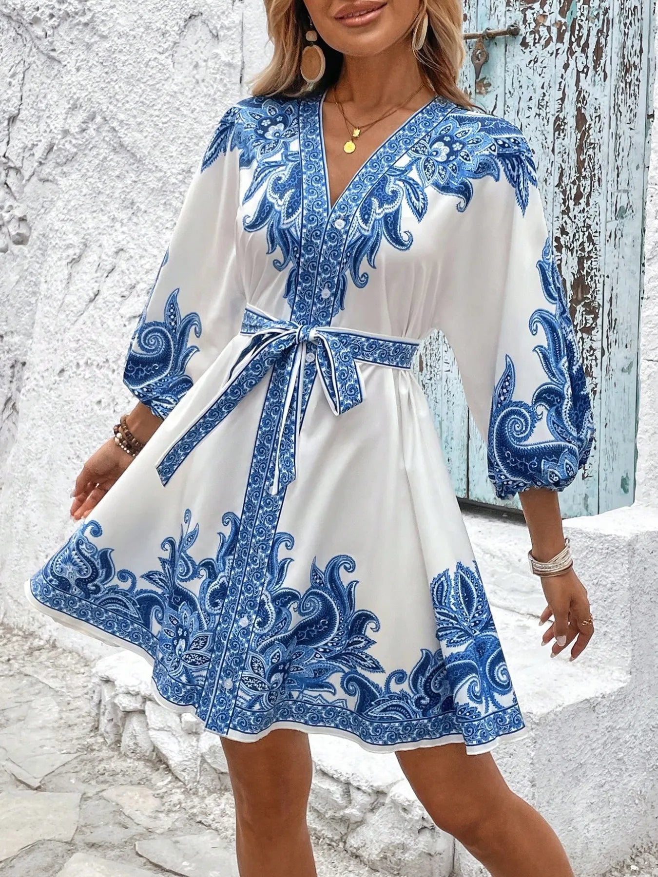 Mini Kimono Dress Paisley Printed V-Neck Balloon 3/4 Sleeve S-2XL e5672fa3-8432-43c5-bc4b-3b0e6c33fef3-Max-Origin Trendsi