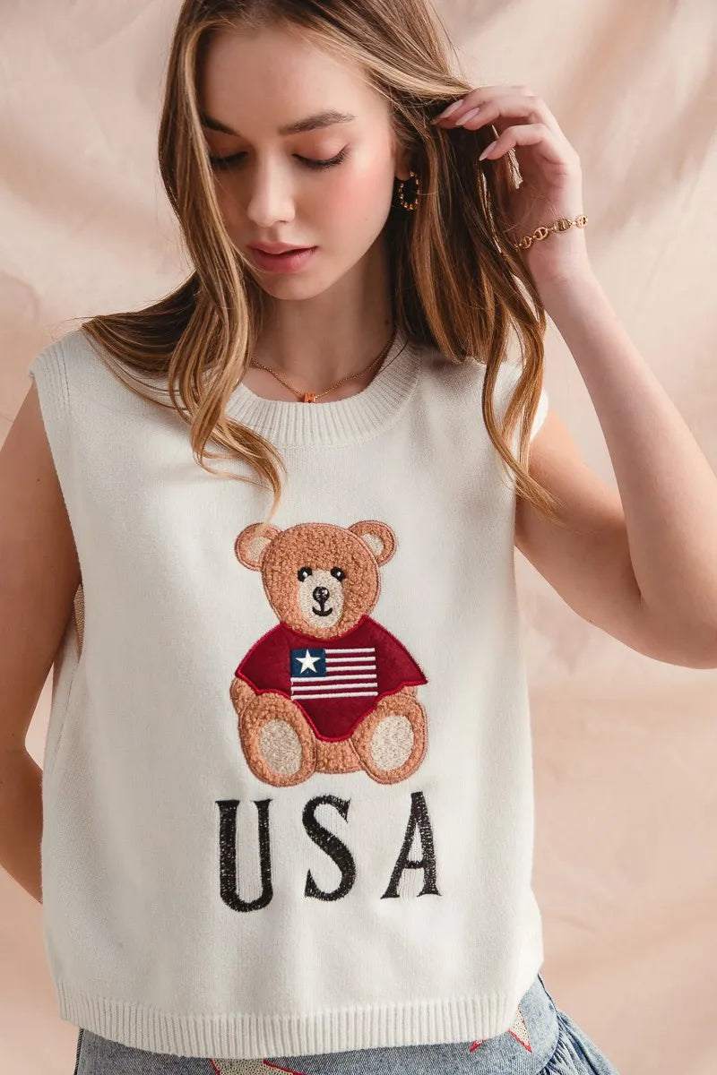 SO ME Sweater Vest Teddy Bear Wearing An American Flag With Usa Embroidered e57878cd9e7b4553816fe73c234c5114-Max-Origin Trendsi