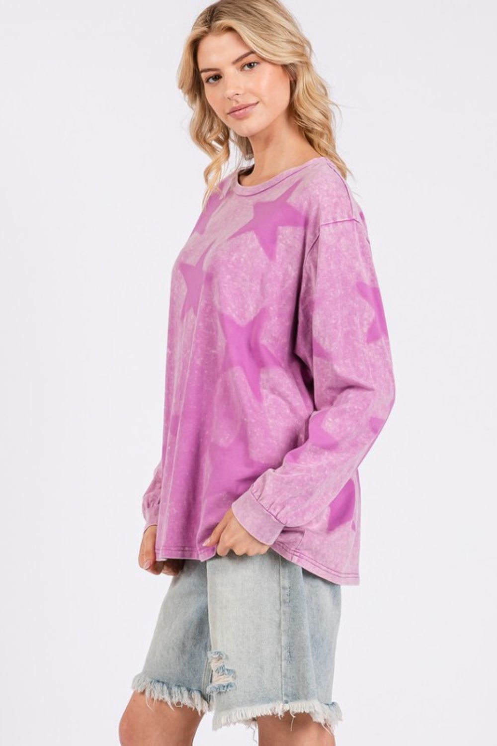 SAGE+FIG USA Star Pattern T-shirt Long Sleeve Mineral Wash Mauve Cotton Tops e57ba2c9-7f82-4de9-a065-6e6c68dae926-Max Trendsi