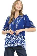 Umgee Printed Puff Sleeve Split Neck Top