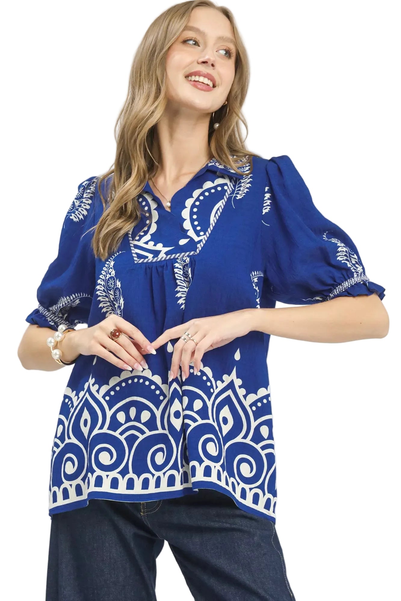 Umgee Printed Puff Sleeve Split Neck Top