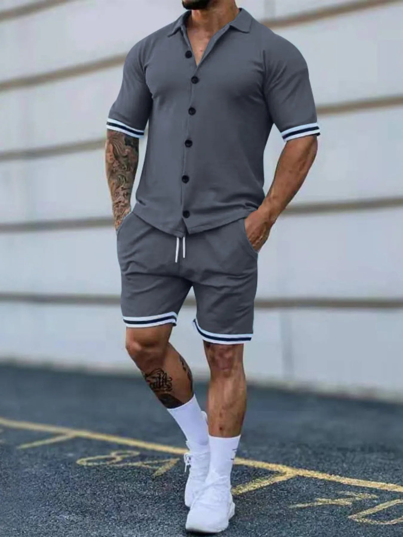 Men's Outfit Set Casual Striped Hem Button Up Short Sleeve Top and Shorts Grey e5949c51d6e144b7993e1459f4d148f2-Max-Origin Trendsi