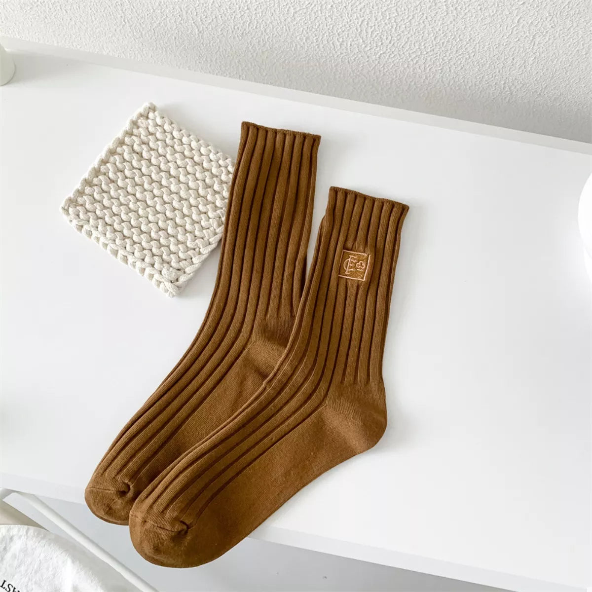 Women's Crew Socks Breathable Ribbed Knit Coffee Brown One Size e59594d3-f5ca-4f81-b33a-3fb93d66259c-Max-Origin Trendsi