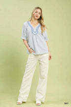 Umgee Blouse Sky Blue Stripe V-Neck Ruffled Short Sleeve Top e59e5477-d4ea-40bf-86e2-13f42beb9bb4-Max-Origin Trendsi