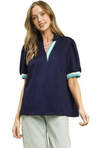 Umgee Luxe Knit Top with Contrast Trim and Puff Sleeves