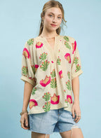 Umgee Blouse Cream Multi Abstract Print Top with Ruched Detail CREAM e5bbe483-da71-4db9-a66b-63b3755b28bf-Max-Origin Trendsi