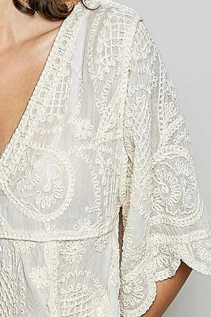 POL V-Neck Crochet Blouse with Scalloped Hem