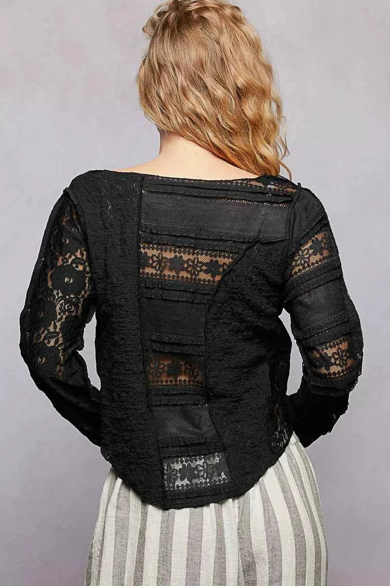 POL Round Neck Long Sleeve Exposed Seam Top with Lace Detail