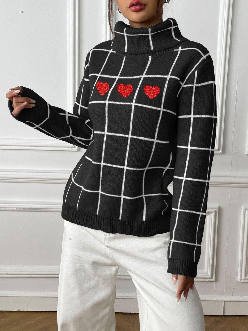 Heart Plaid Sweater Turtleneck Long Sleeve Casual Knitwear Black e5bd0e9c-81e4-4217-810f-cfe08a38fa6f-Max Trendsi