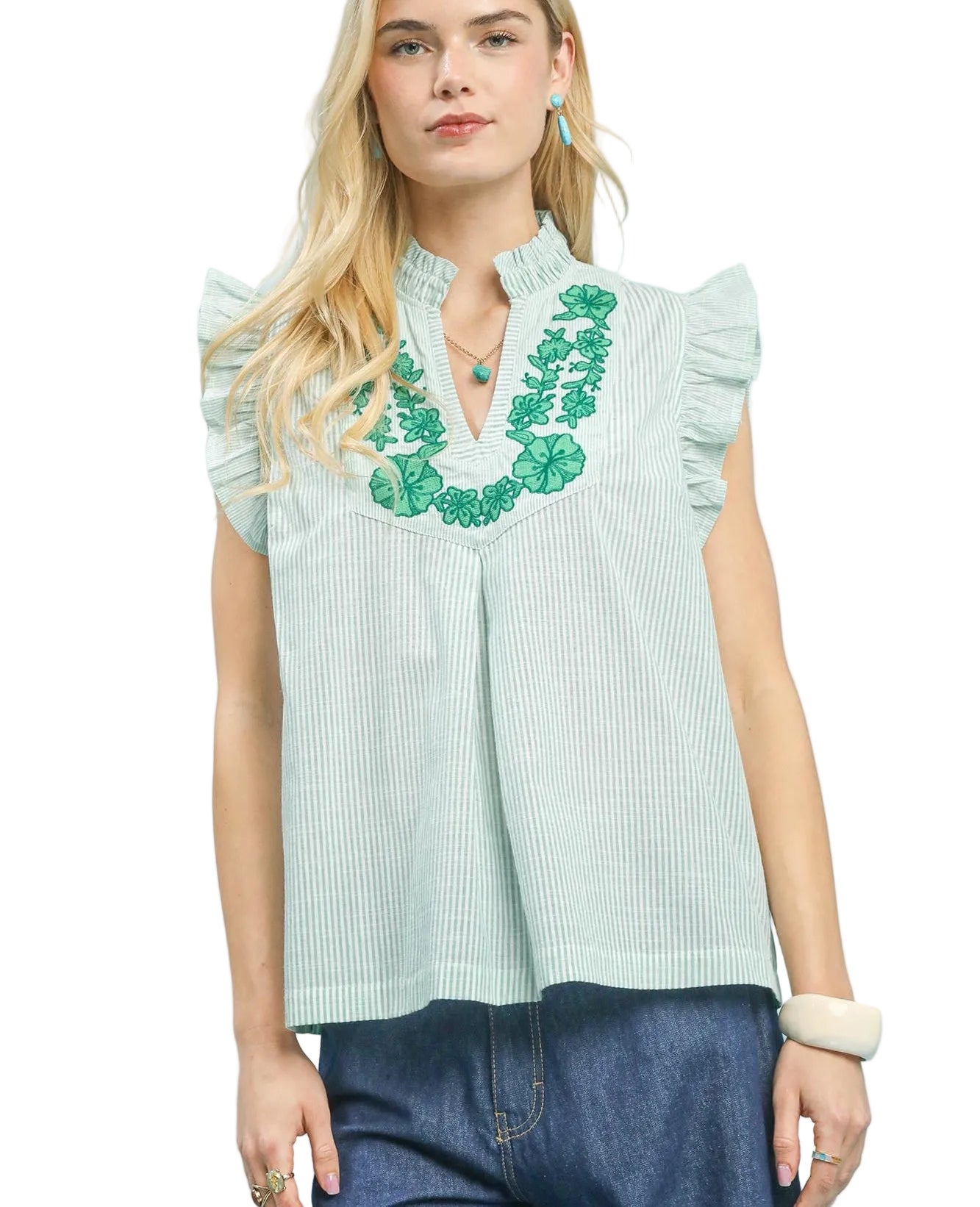 Umgee Embroidered Ruffle Sleeve Popover Top
