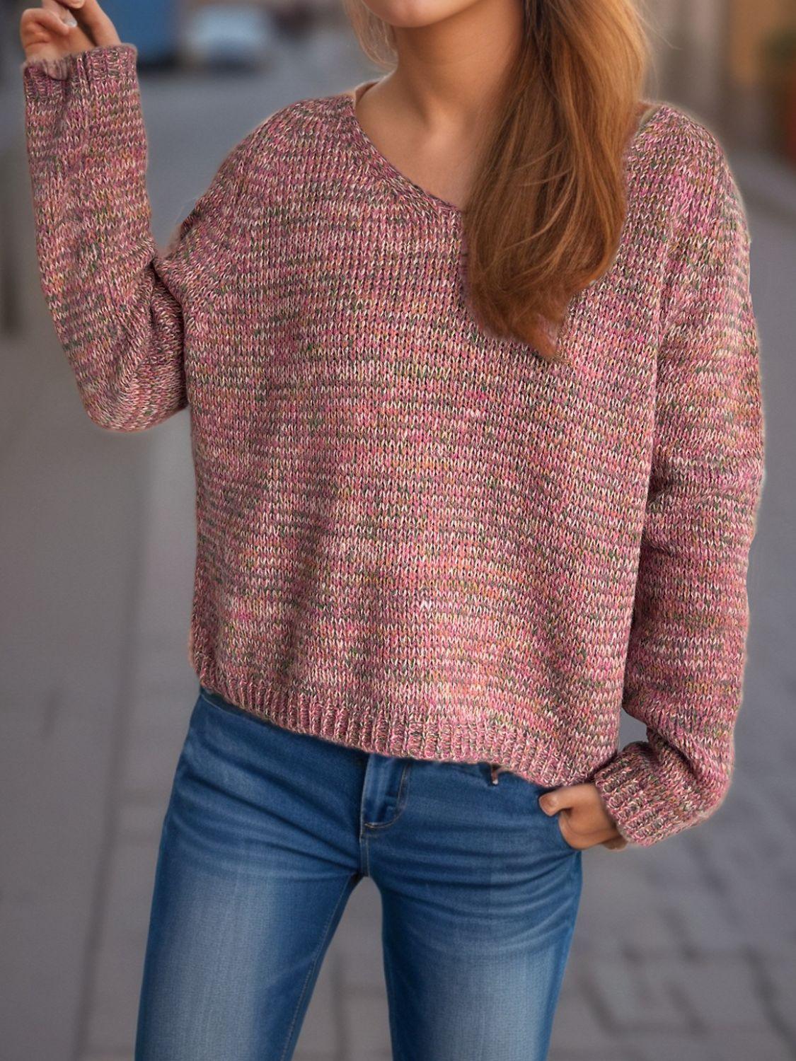Heathered Colorful Sweater V-Neck Long Sleeve Basic Style Pullover e5c6c6e4-d6cd-4292-9b44-4d14aaefd8bc-Max Trendsi